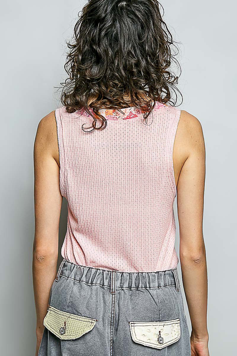 POL Rose Pink Ribbed V-Neck Tank with Contrast Floral Neckband