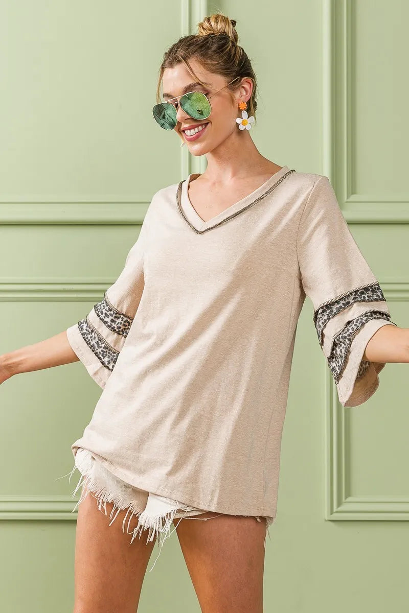 BiBi Oatmeal Triblend Knit Top with Leopard Band Detail