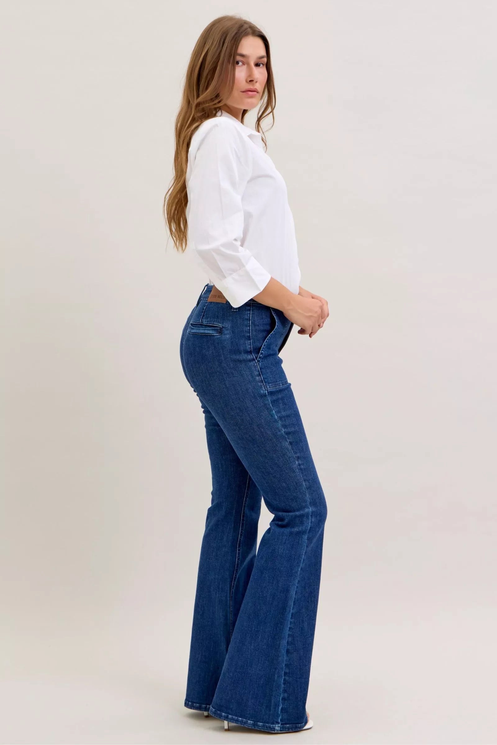 Judy Blue Dark Washed High Waist Flare Jeans with Front Patch Pockets