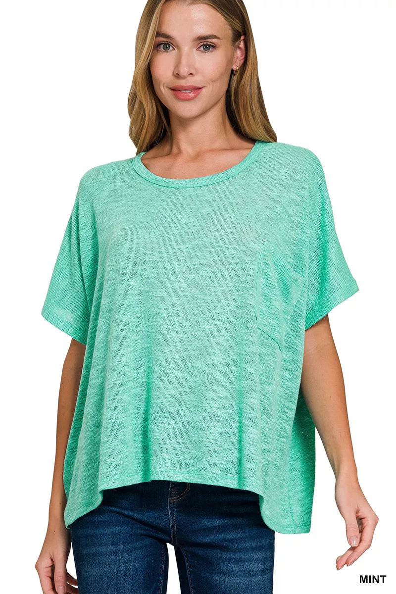 Zenana Mint Oversized Slub Hacci Top with Pocket