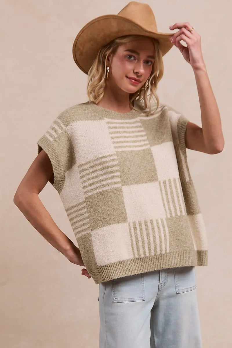 BiBi Olive & Ivory Checker With Stripes Pattern Sleeveless Sweater OLIVE IVORY