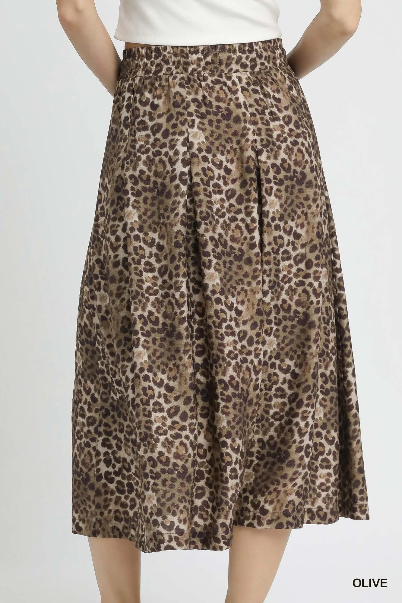 Umgee Olive Drawstring Leopard Midi Skirt