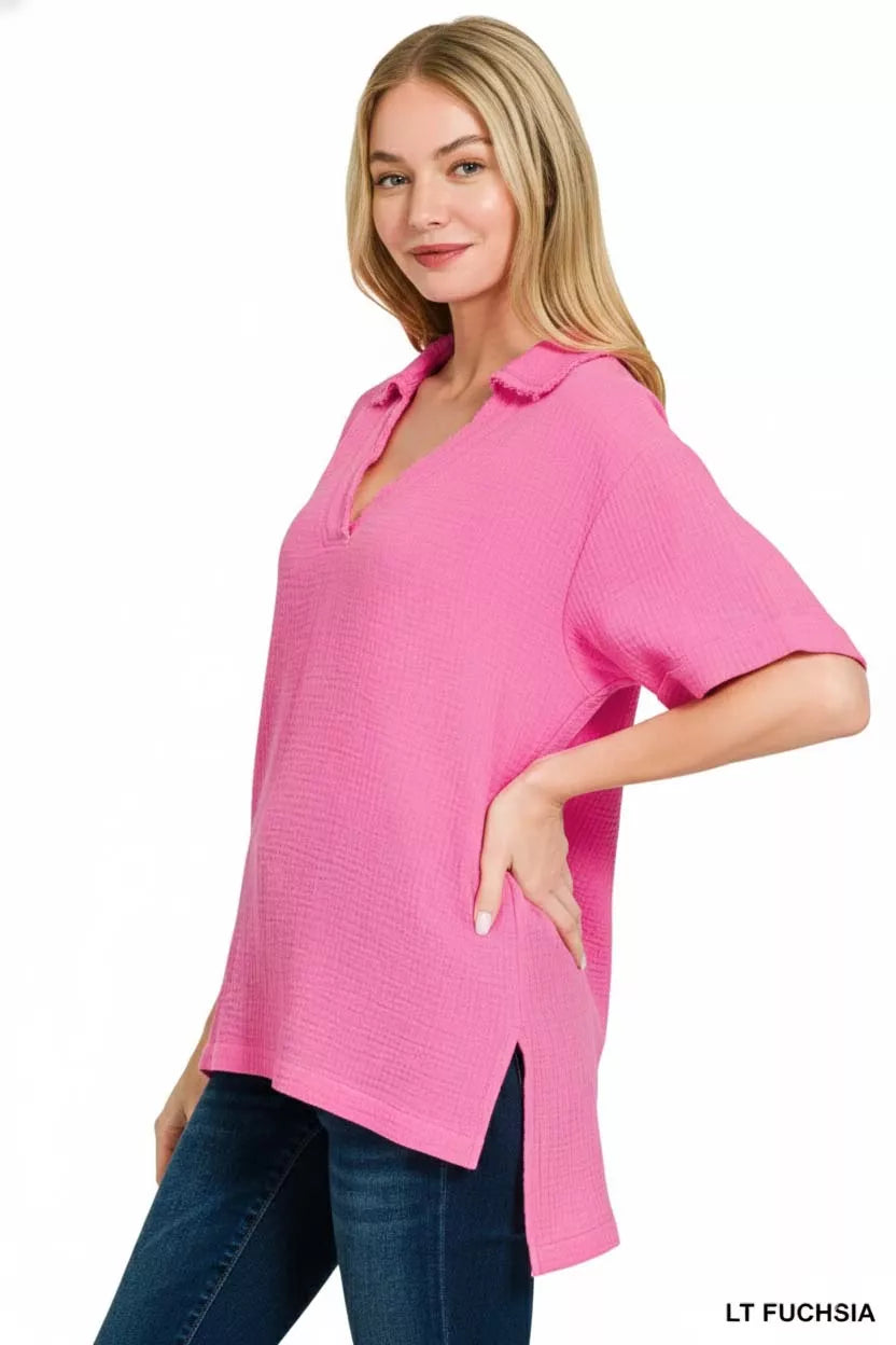 Zenana Double Gauze Short Sleeve High-Low Top