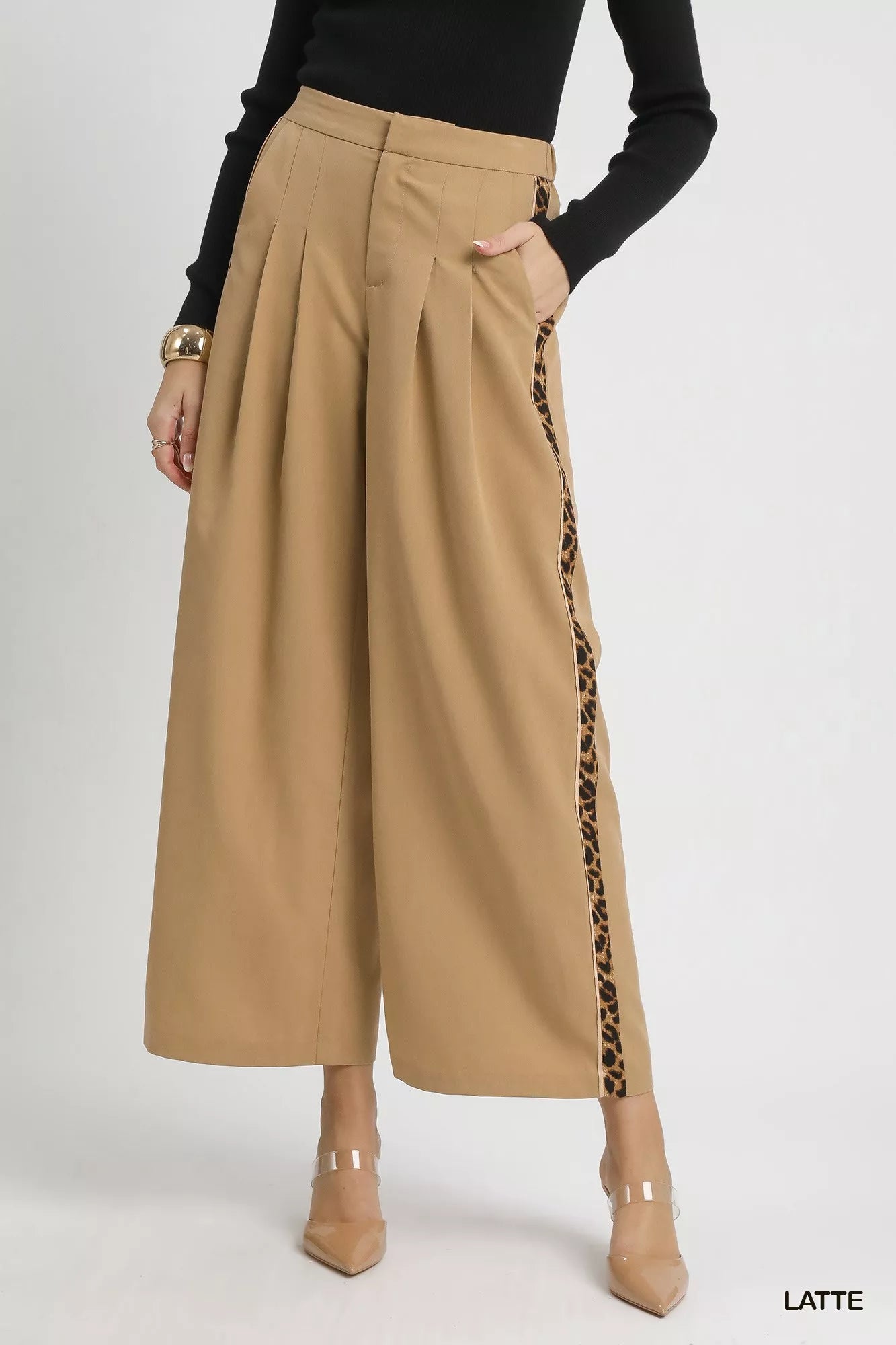 Umgee Late Front Pleated Wide-Leg Trousers with Leopard Contrast Trim LATTE
