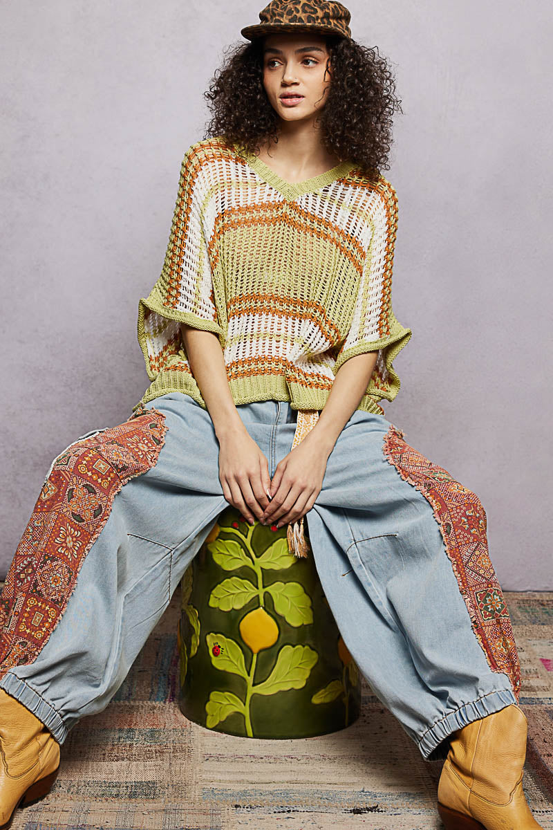 POL Lime Sage Openwork Lightweight Striped V-Neck Knit Top