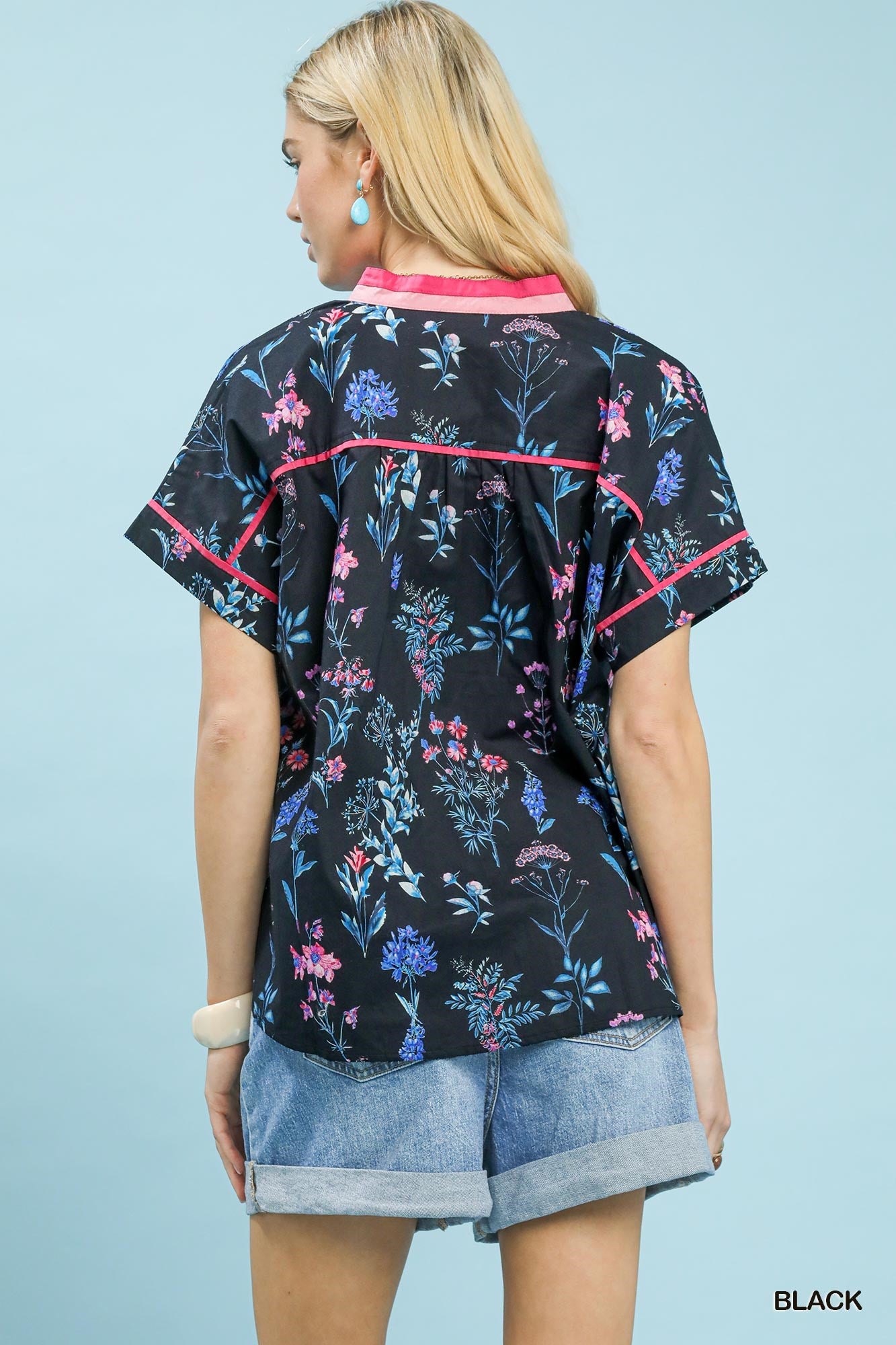 Umgee Black Botanical Floral Button Front Top