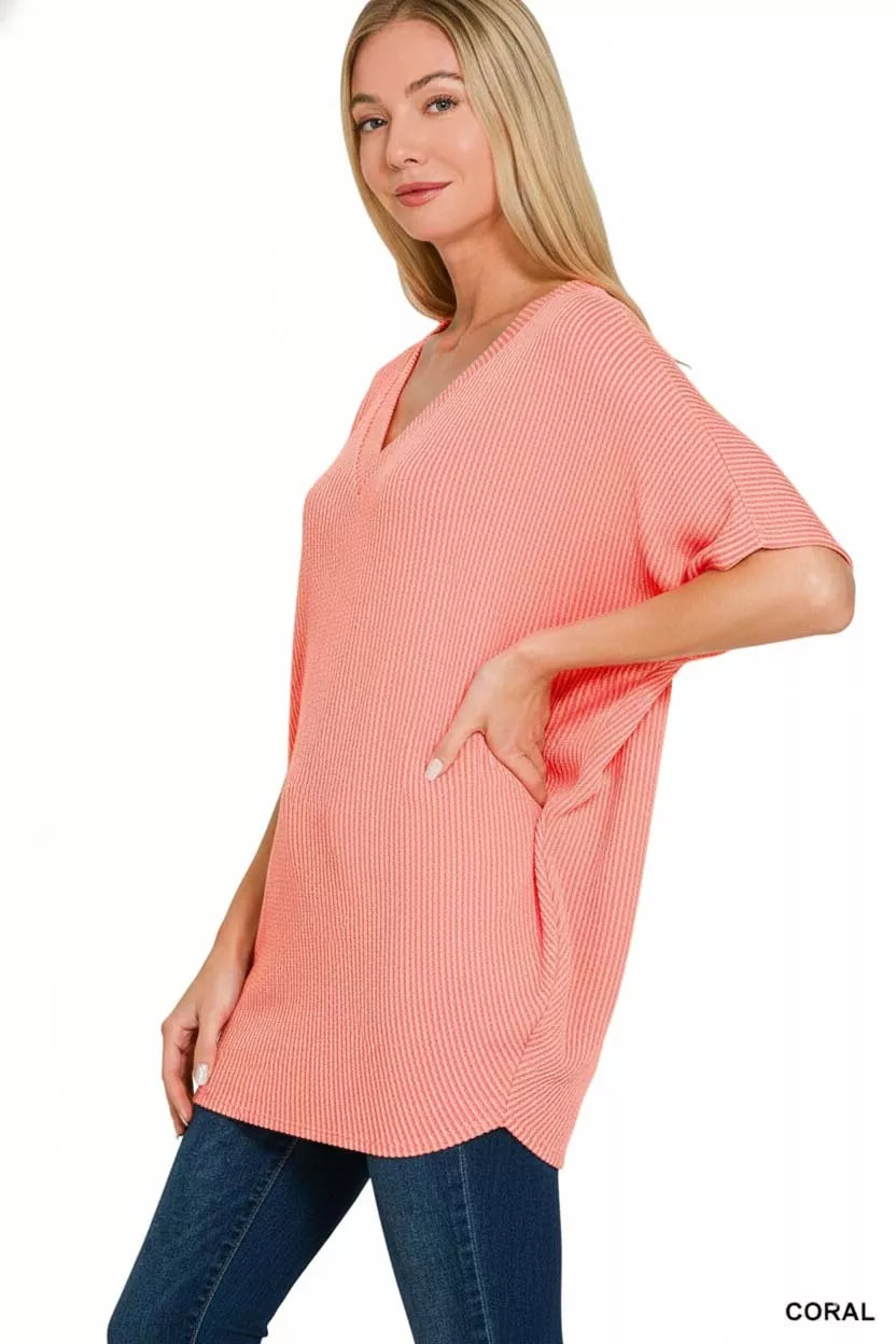 Zenana Coral Raised Rib V-Neck Batwing Top