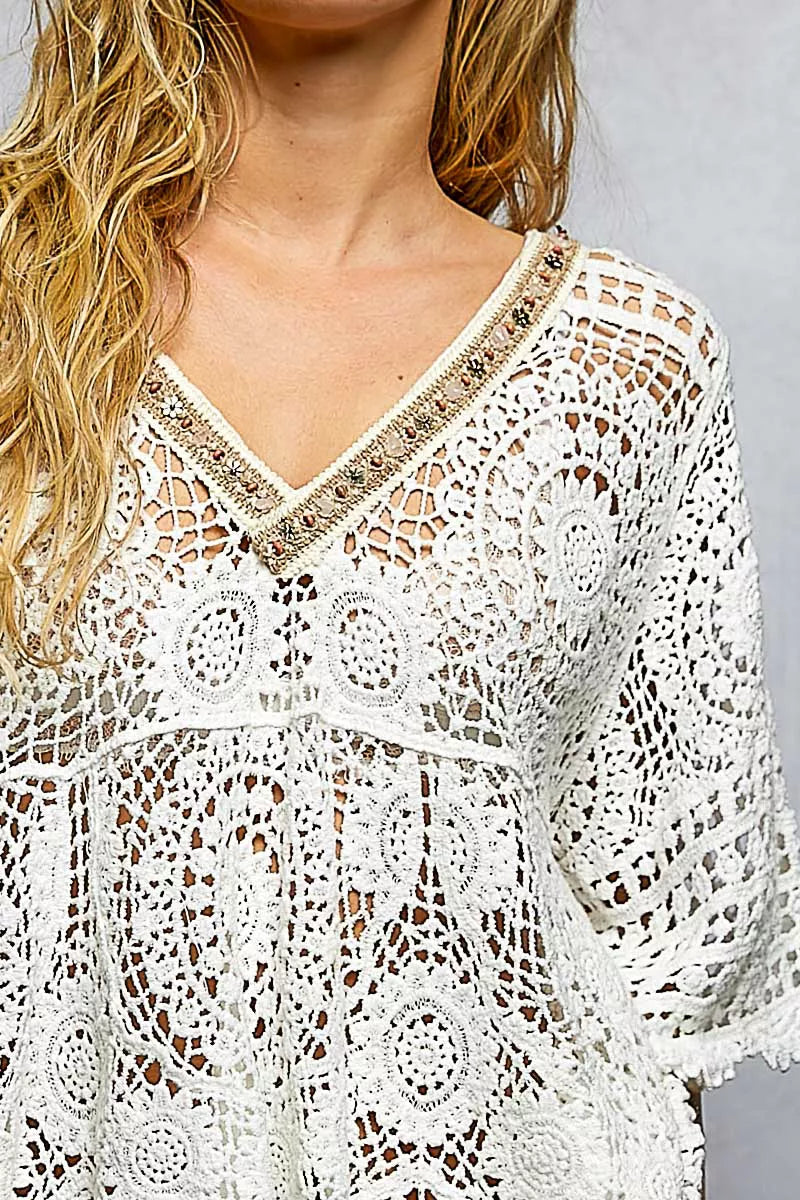POL V-Neck Crochet Top with Scalloped Hem