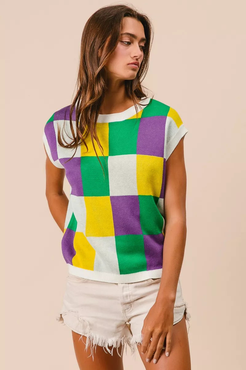 BiBi Mardi Gras Checker Pattern Sleeveless Sweater Top