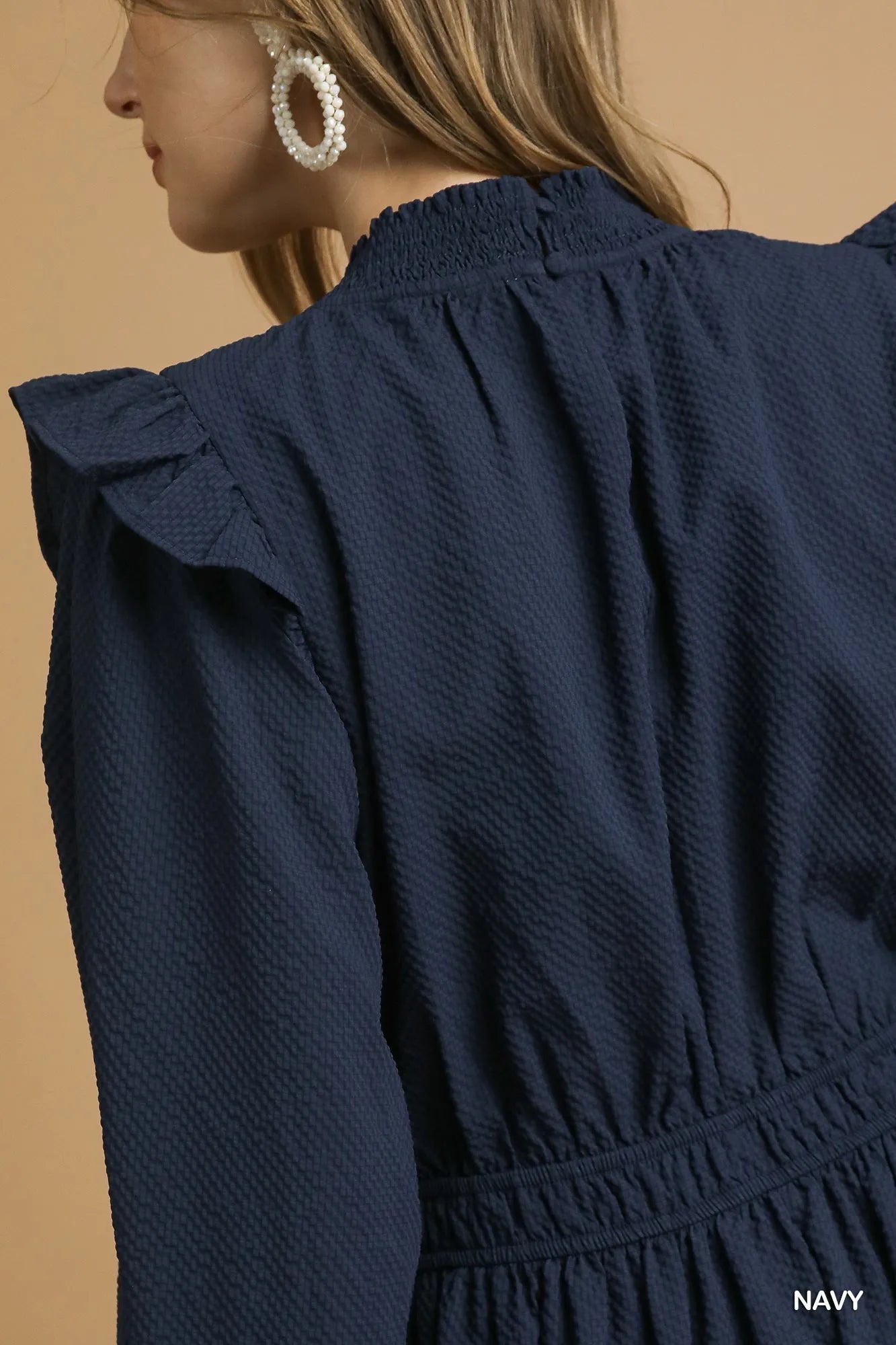 Umgee Navy Textured Midi Dress with Ruffle Shoulder Detail