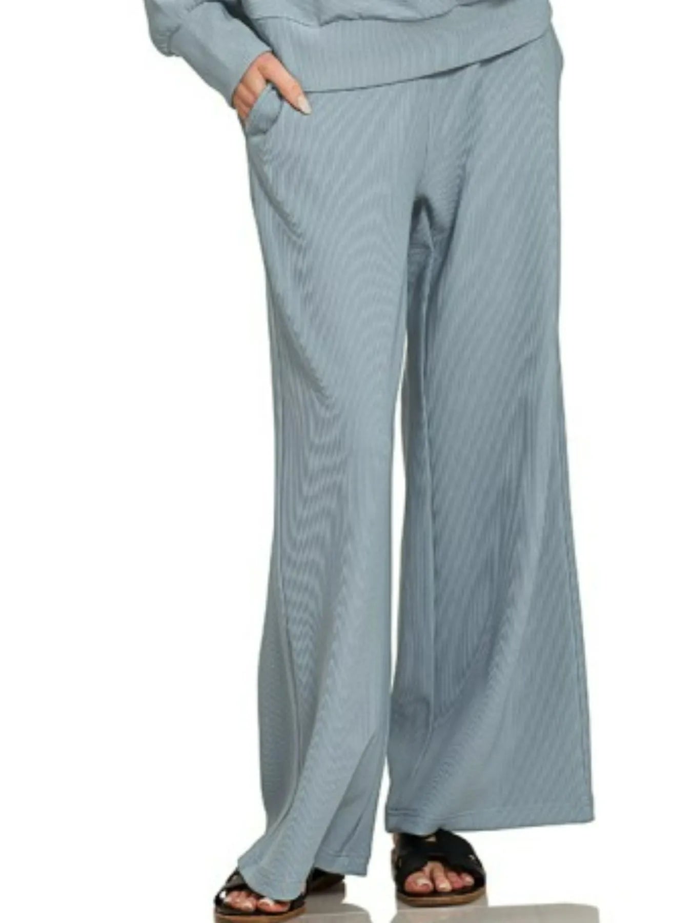 Zenana Blue Grey Ribbed High Neck Half Zip Pullover & Pants Set
