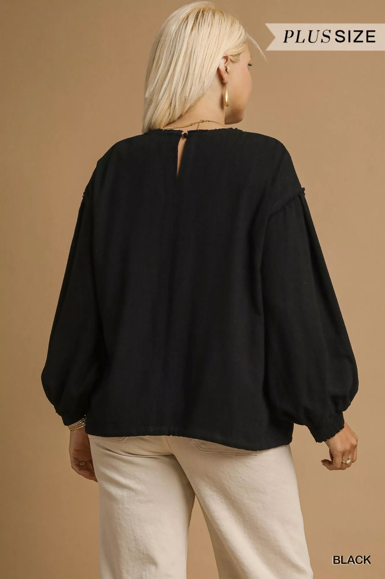 Umgee Black Linen Long Sleeve Top with Drawstring