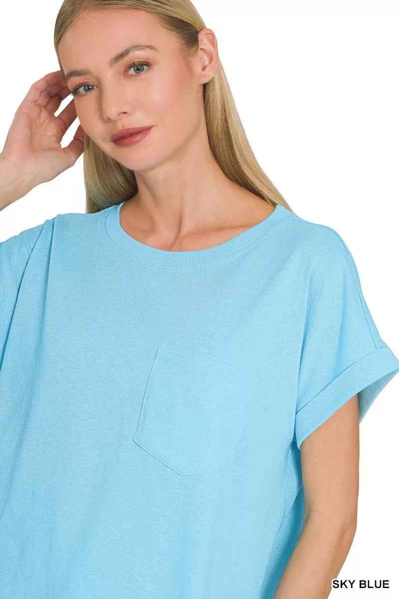 Zenana Sky Blue Cuffed Front Pocket Short Sleeve Tee