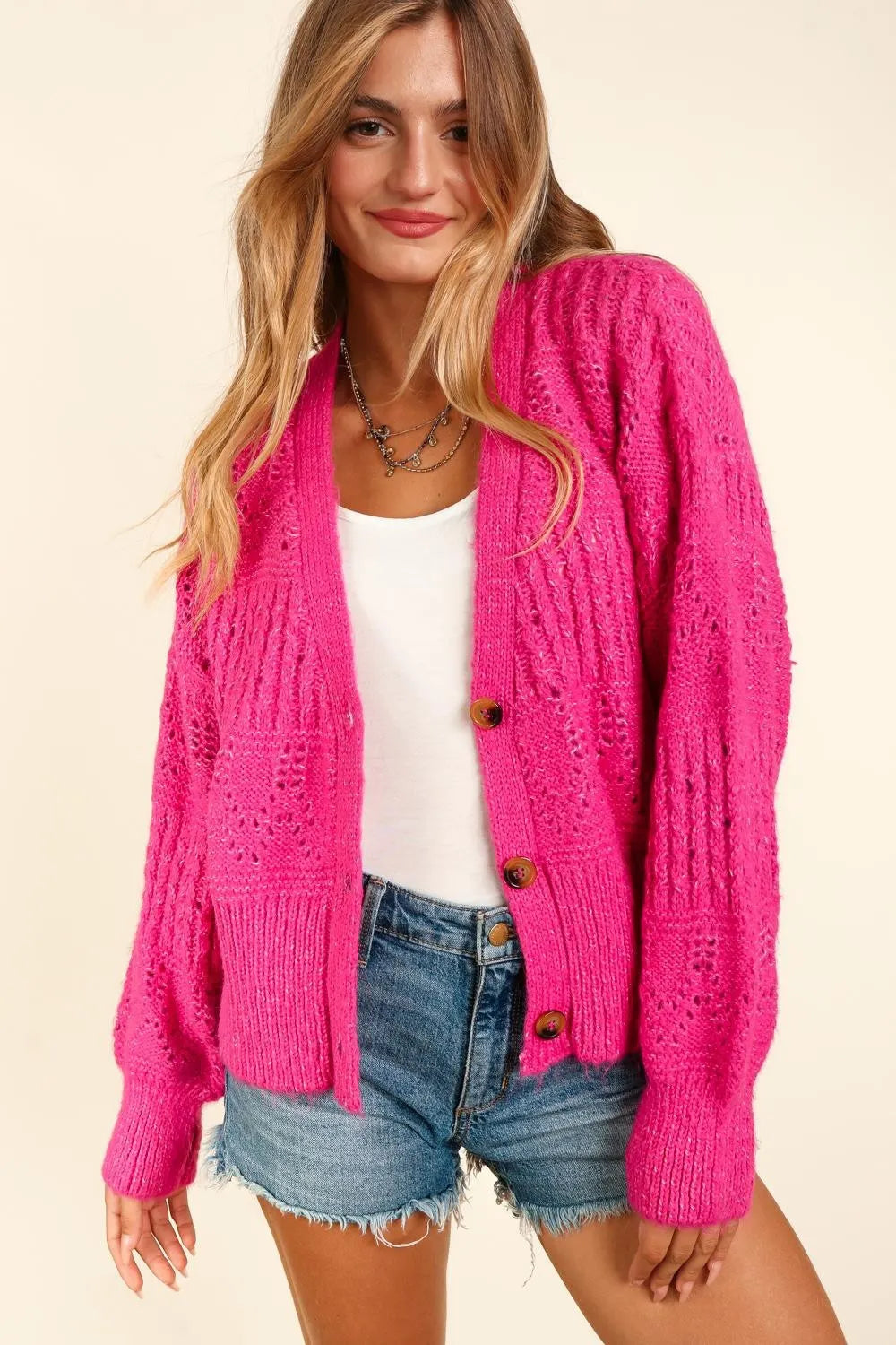 Haptics Fucshia Button Down Crop Long Sleeve Cardigan
