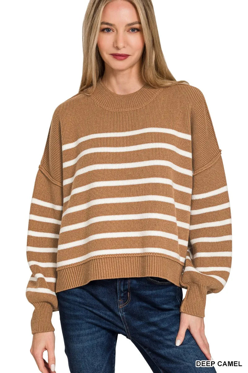 Zenana Deep Camel Exposed Seam Striped Oversized Sweater DEEP CAMEL