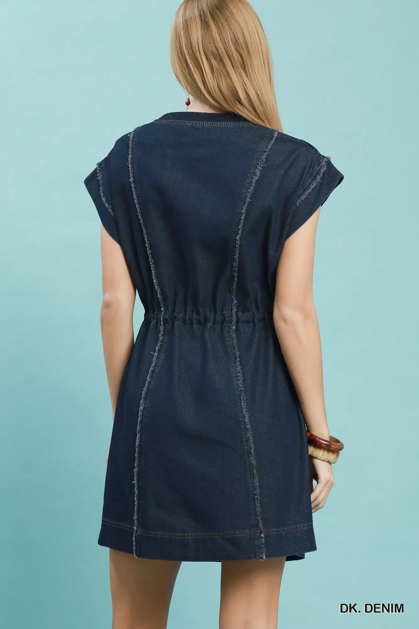 Umgee Dark Denim Drawstring Waist Frayed Denim Mini Dress
