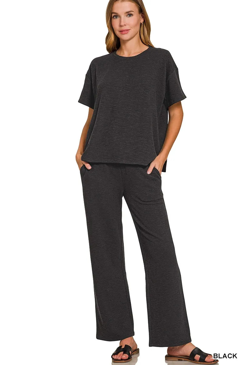 Zenana Black Slub Short Sleeve T-Shirt and Pants Set BLACK