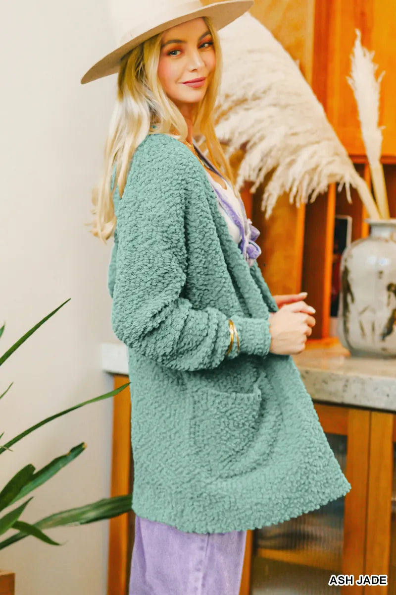 Zenana Ash Jade Long Sleeve Popcorn Sweater Cardigan with Pockets