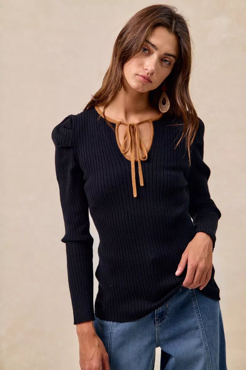 BiBi Black & Camel Ribbed Contrast Front Tied Top with Shrried