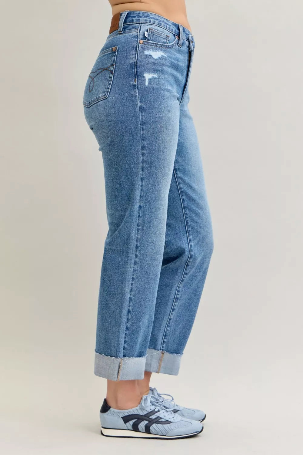 Judy Blue High Waist Boyfriend Fit Criss-cross Mild Destroy Jeans with Single Cuff