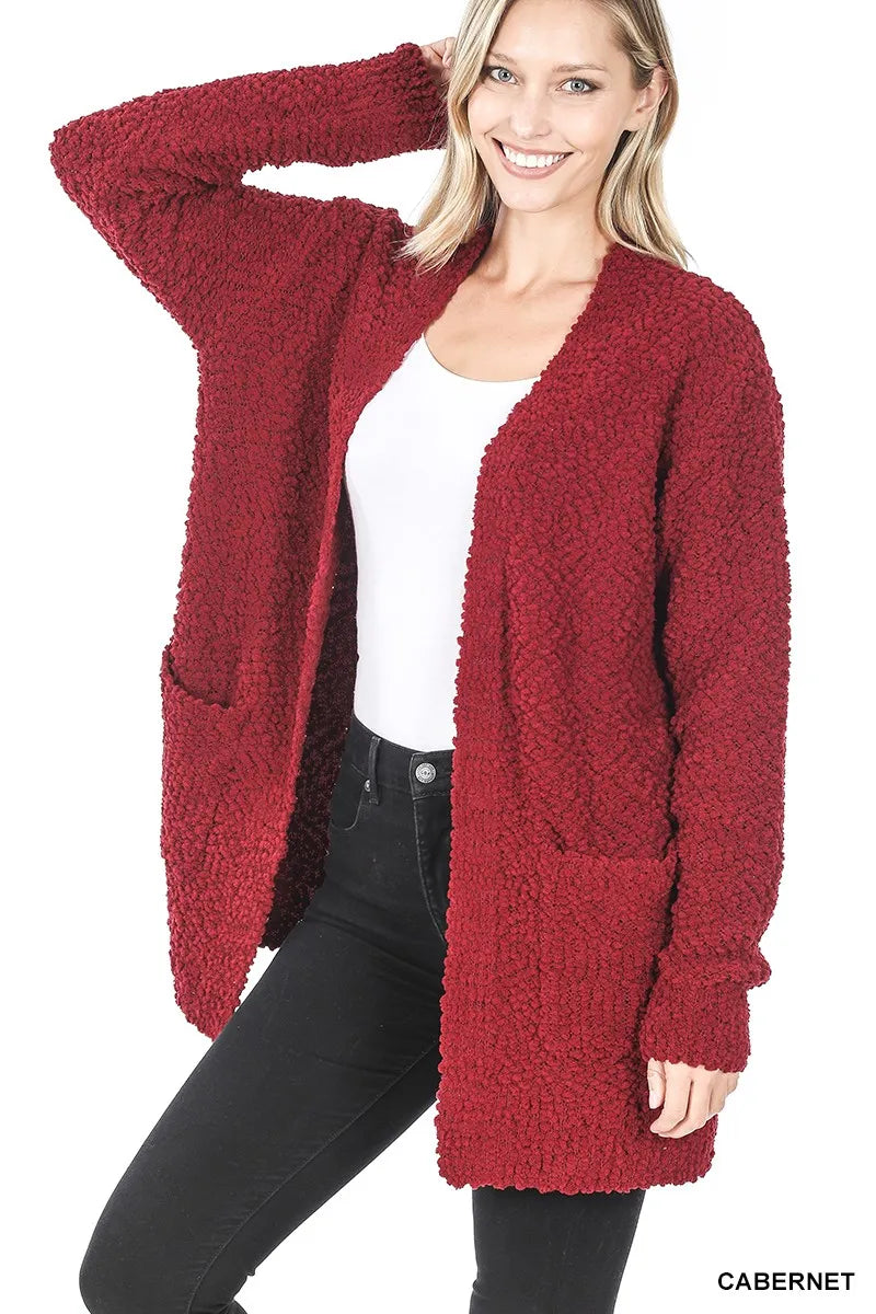 Zenana Cabernet Long Sleeve Popcorn Sweater Cardigan with Pockets CABERNET