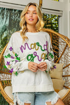 BiBi Off White Fleur De Lis Sleeve Mardi Gras Pullover