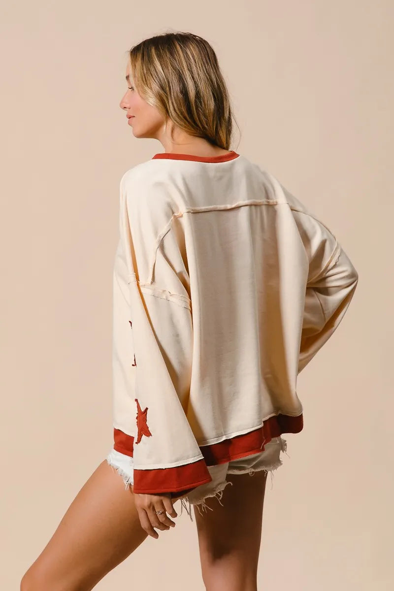 BiBi Oatmeal French Terry Top With Patch Detail Sweatshirt