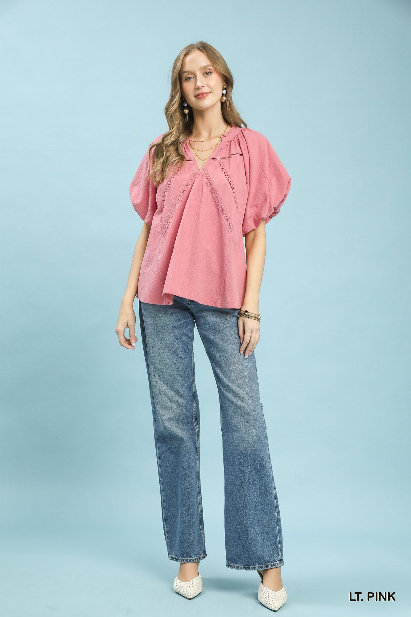 Umgee Light Punk Lace Inset Puff Sleeve Boho Blouse