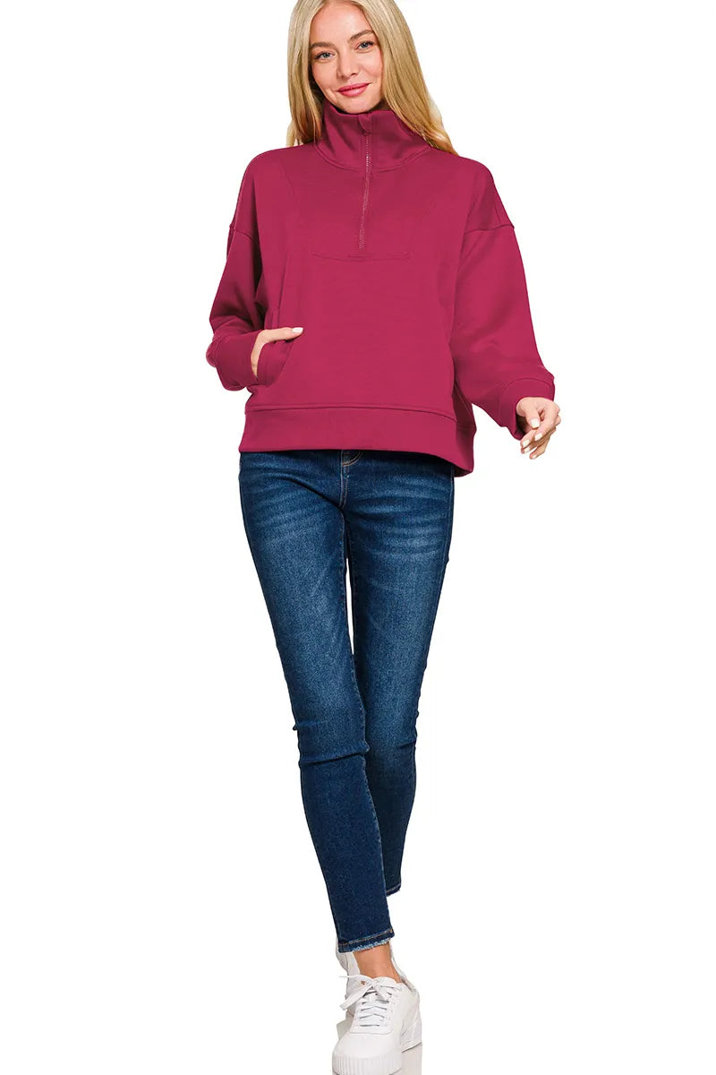 Zenana Cabernet Scuba Quarter-Zip Long Sleeve Sweatshirt