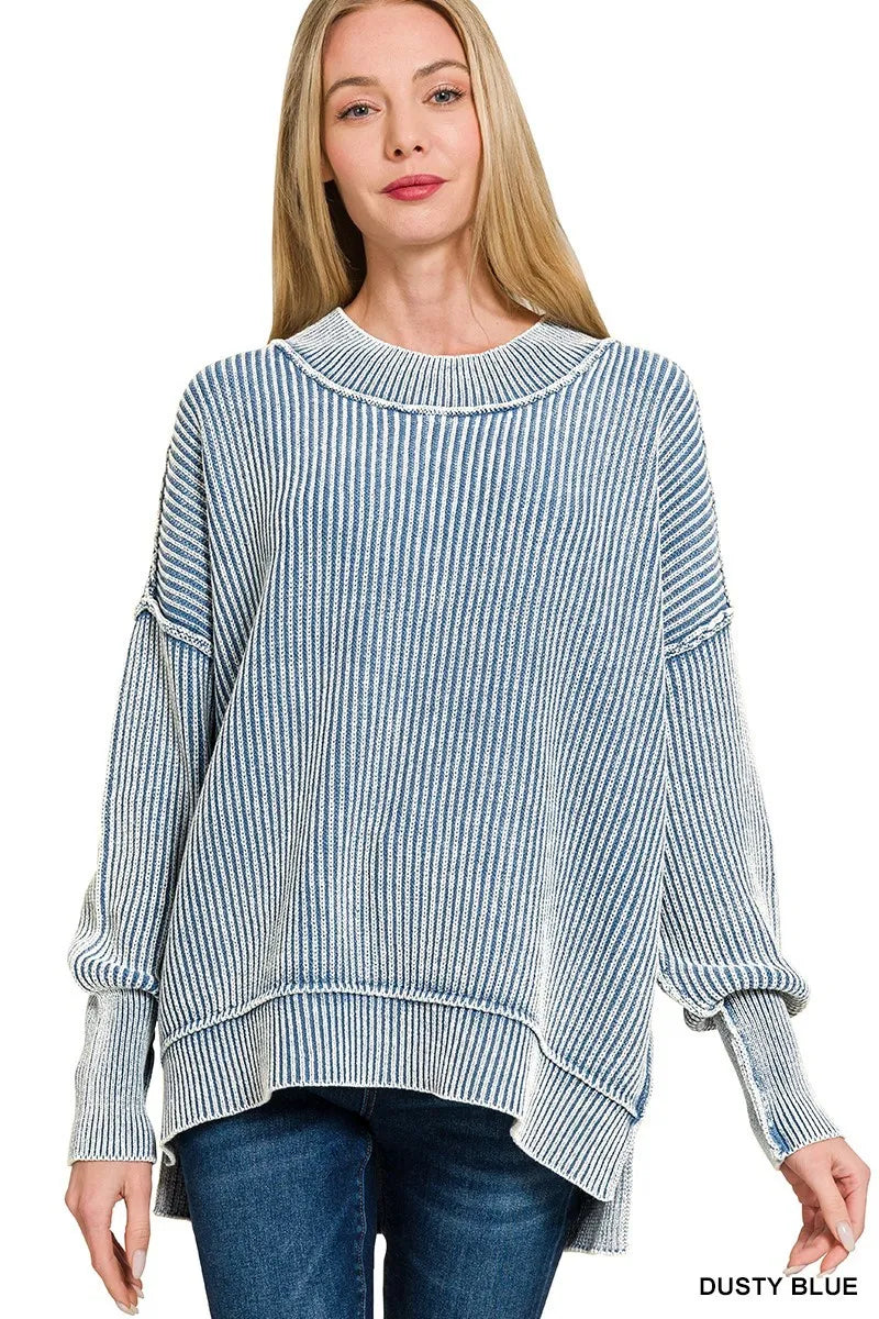Zenana Dusty Blue Washed Side Slit Oversized Sweater DUSTY BLUE