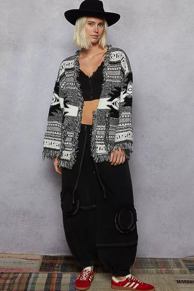 POL Black Multi Open Front Geometric Print Cardigan with Fringe Detail