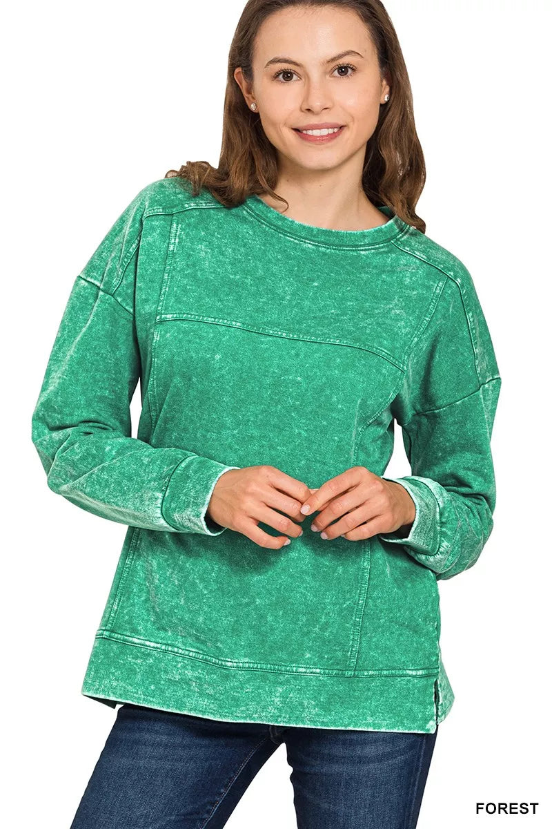Zenana Acid Wash French Terry Exposed-Seam Pullover FOREST