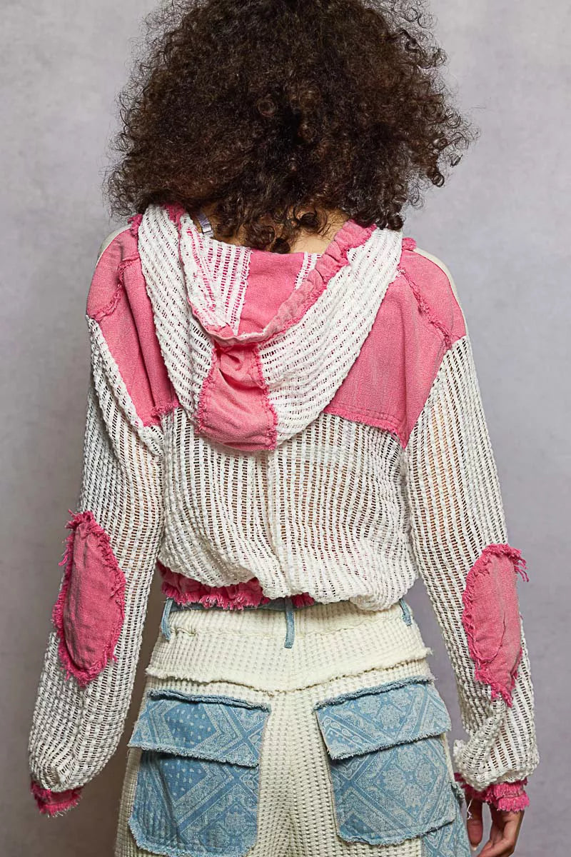 POL Pink Multi Texture Woven Button Down Hooded Shirt with Drawstring Hem