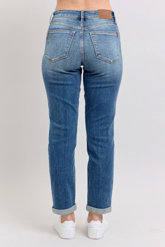 Judy Blue Dark Washed Mid Rise Skinny Cuff Jeans with Pockets