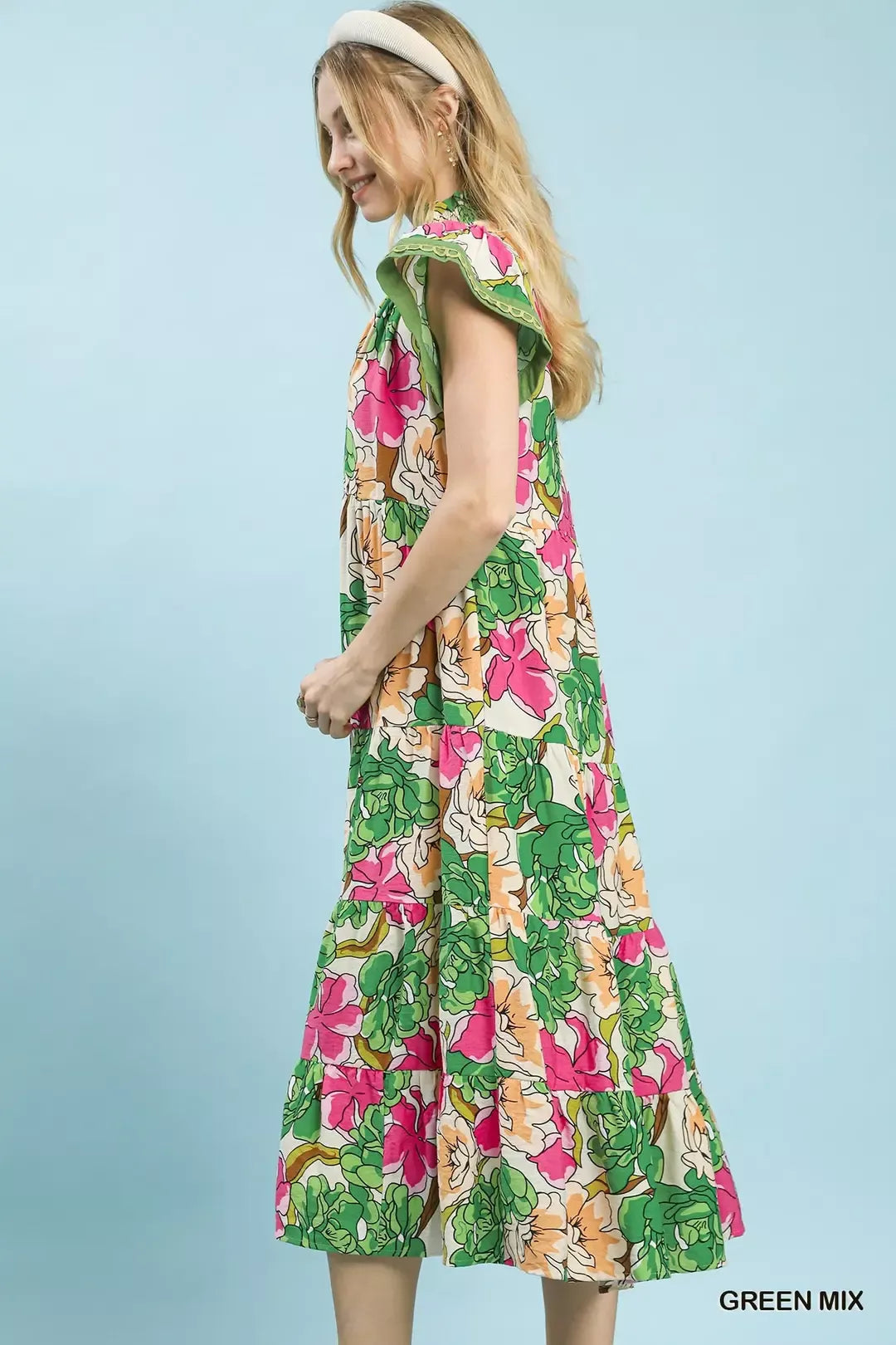 Umgee Green Mix Bold Floral Tiered Midi Dress