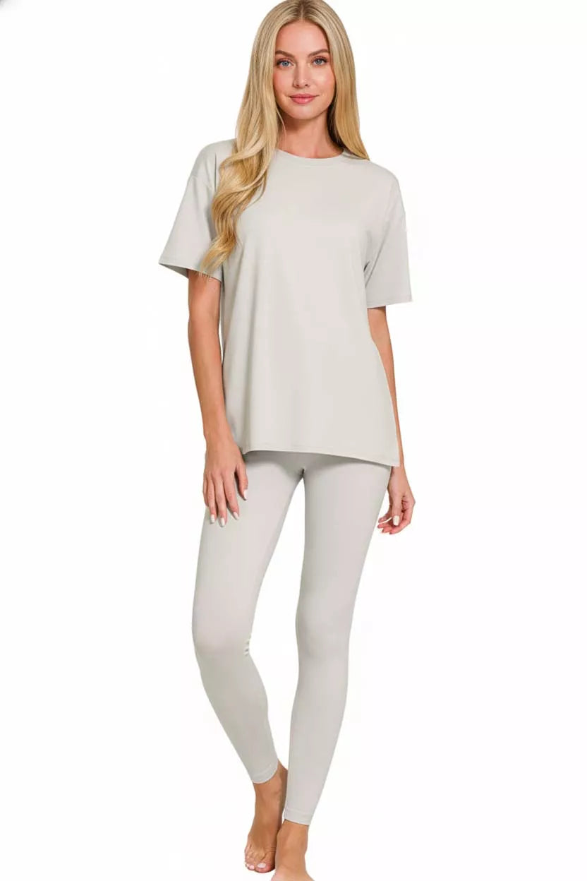 Zenana Light Cement Brushed Dty Microfiber Short Sleeve Top and Pants Loungewear Set