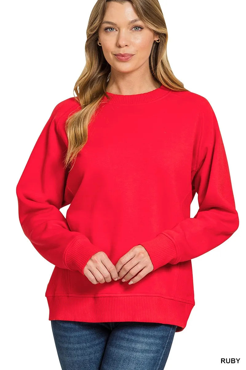 Zenana Ruby Fleece Round Neck Ribbed Side Raglan Sweatshirt