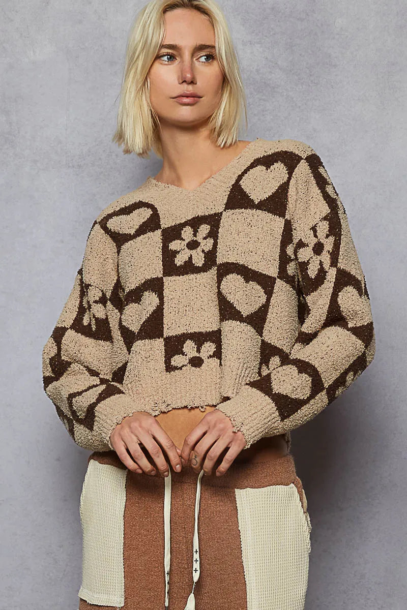 POL Mocha & Brown V-Neck Heart Pattern Checkered Sweater