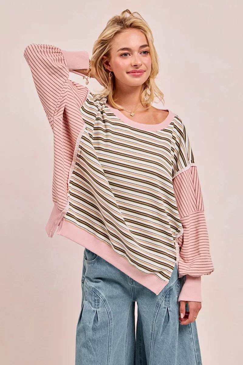 BiBi Oatmeal & Pink Stripe Mixed Top With Cut Edge And Reverse Outseams
