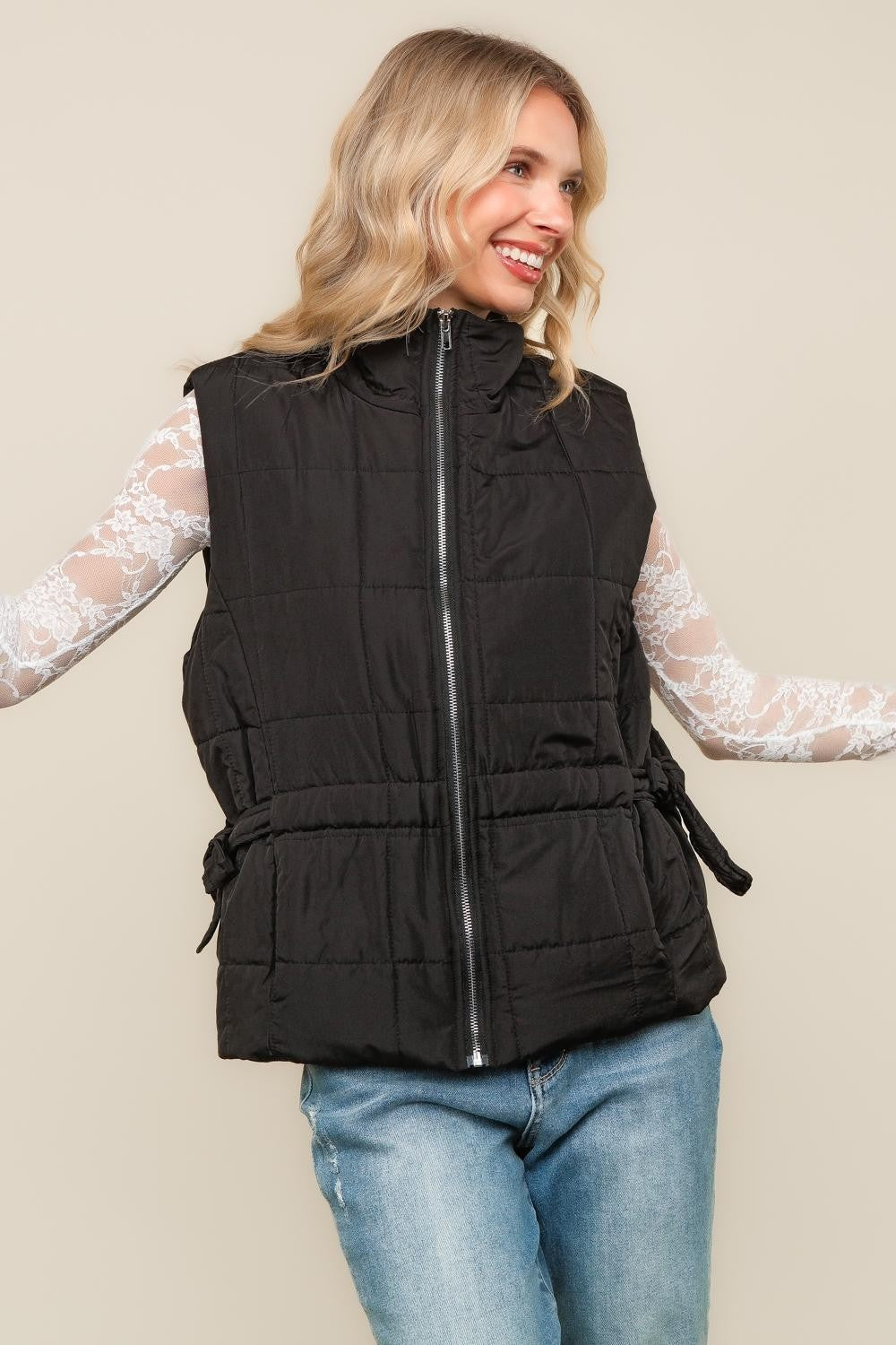 Haptics High Nevk Quilted Zip Up Black Puffer Vest