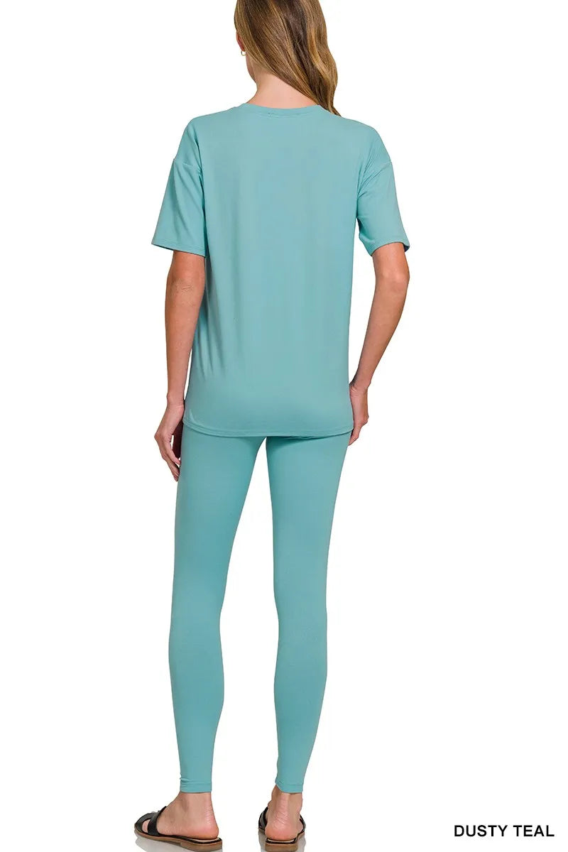 Zenana Dusty Teal Brushed Dty Microfiber Short Sleeve Top and Pants Loungewear Set