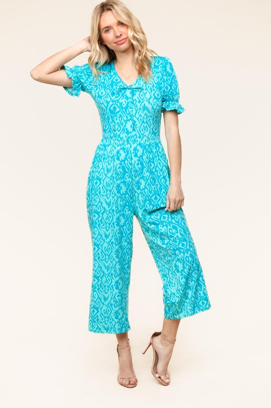 Haptics PLUS Spring Vibes Aqua Ikat Print Ruffle Sleeve Wide Leg Jumpsuit 3X