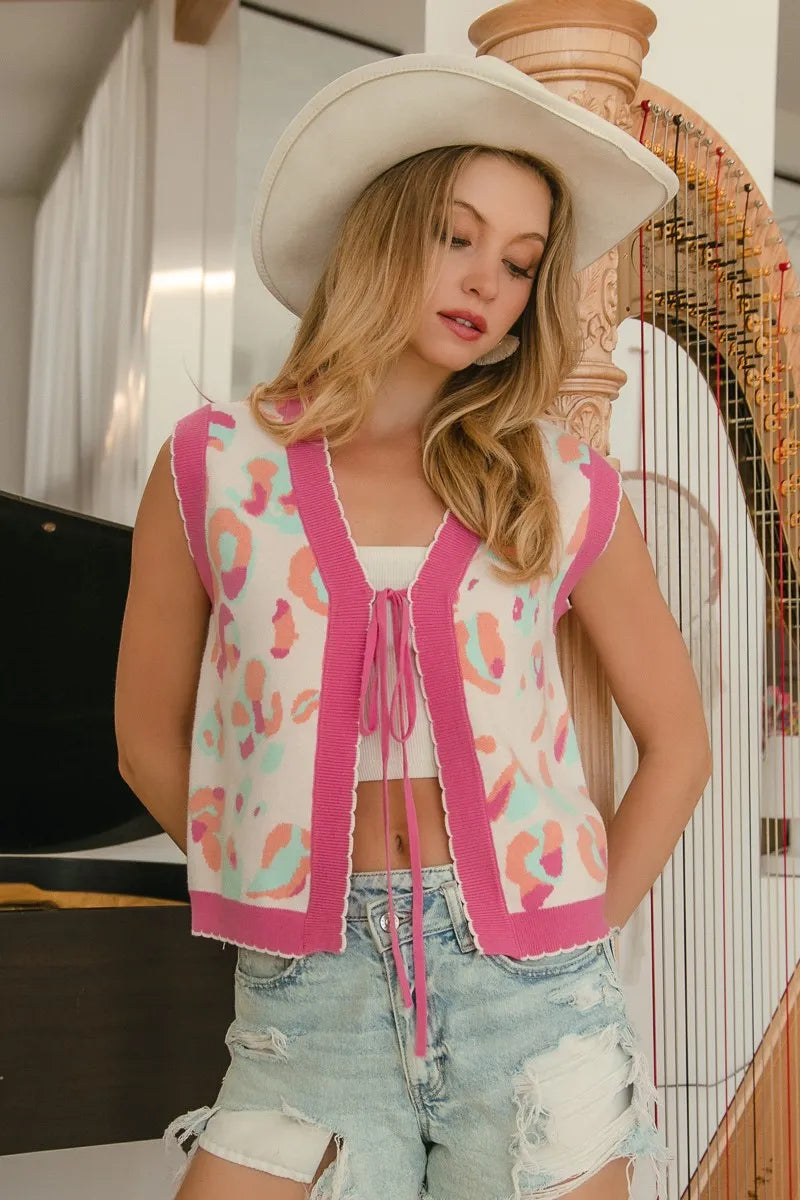 BiBi Ivory & Pink Leopard Sweater Vest With Front Tie and Scallop Detail