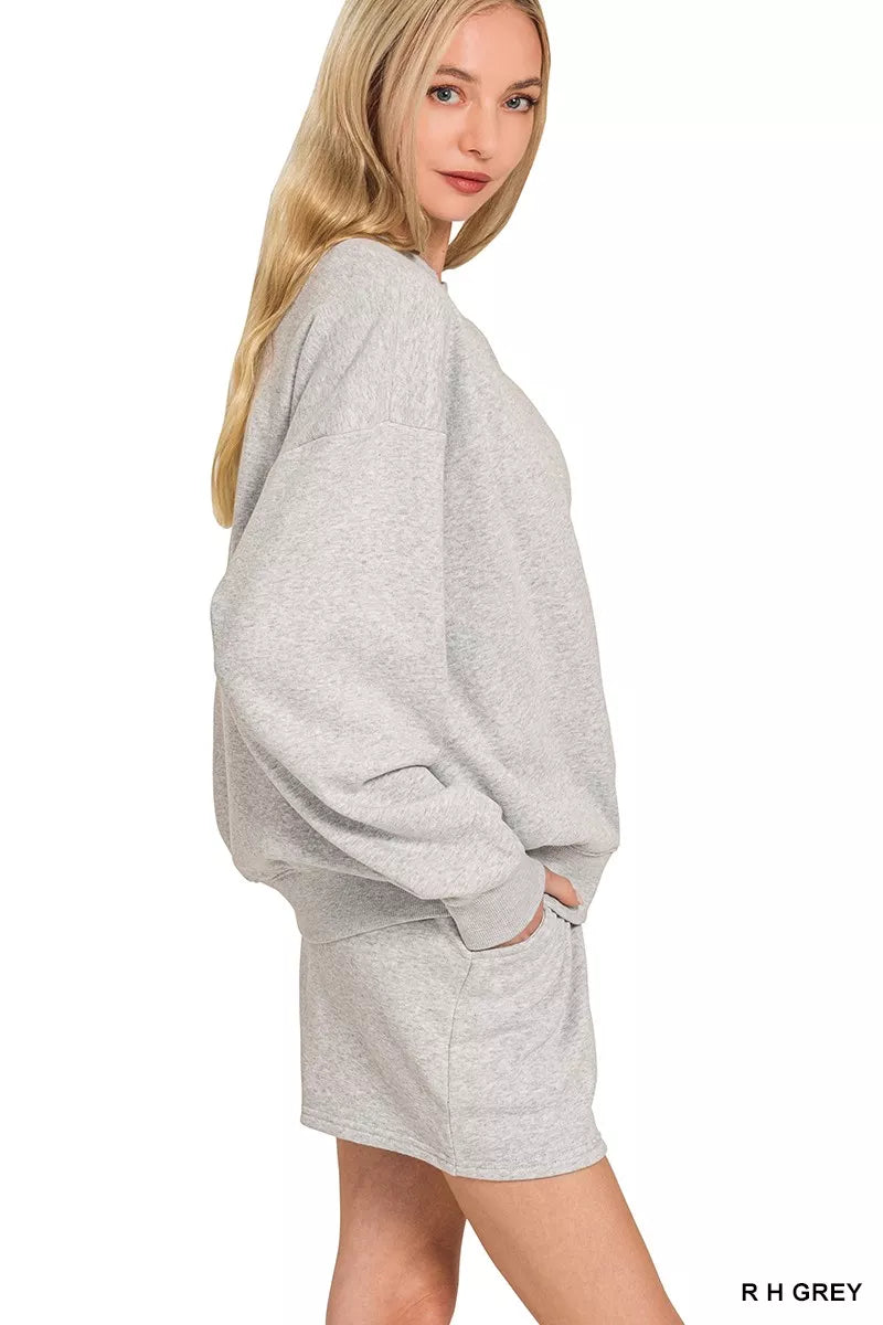 Zenana Heather Gray Fleece Long Sleeve Sweatshirts & Shorts Set