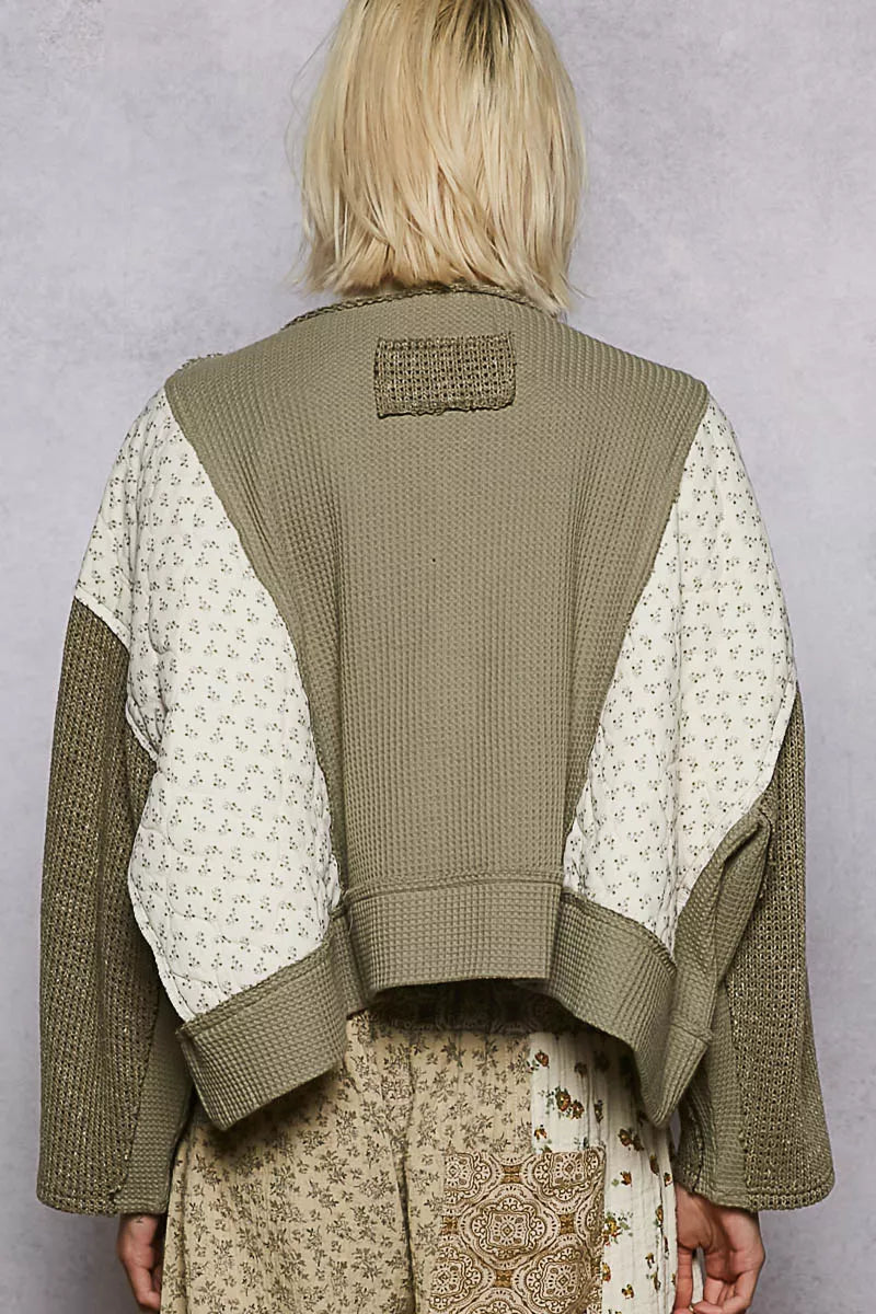 POL Olive Mix Thermal Floral Pattern Quilted Knit Cropped Top with Raw Edge Detail