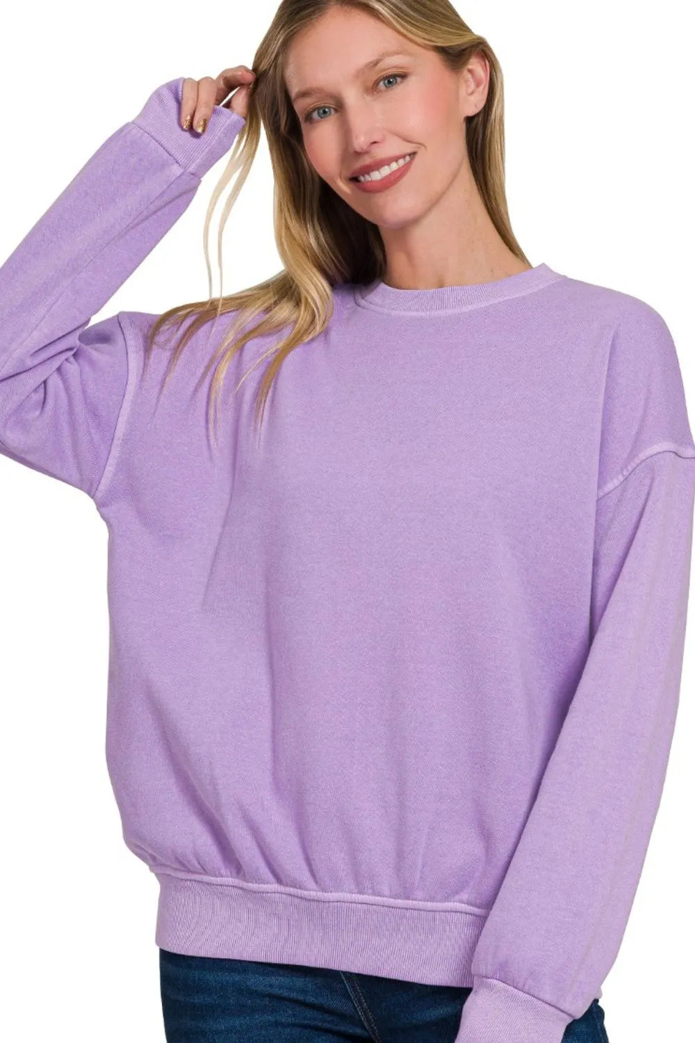 Zenana Lavender French Terry Pigment Dye Round-neck Sweatshirt