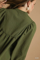Umgee Olive Textured Notched Blouse with Balloon Sleeves