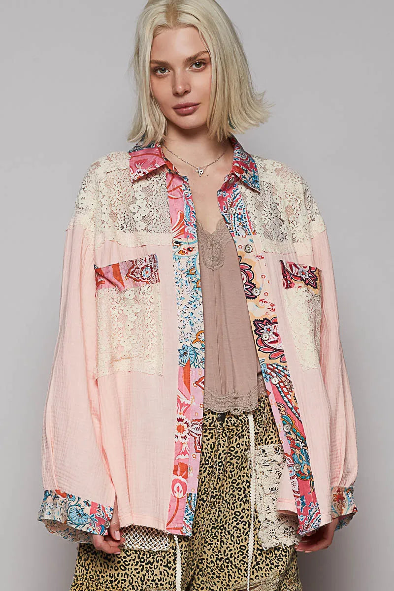 POL Pink Multi Lace Patchwork Floral Trim Double Gauze Long Sleeve Shirt Blush Pink