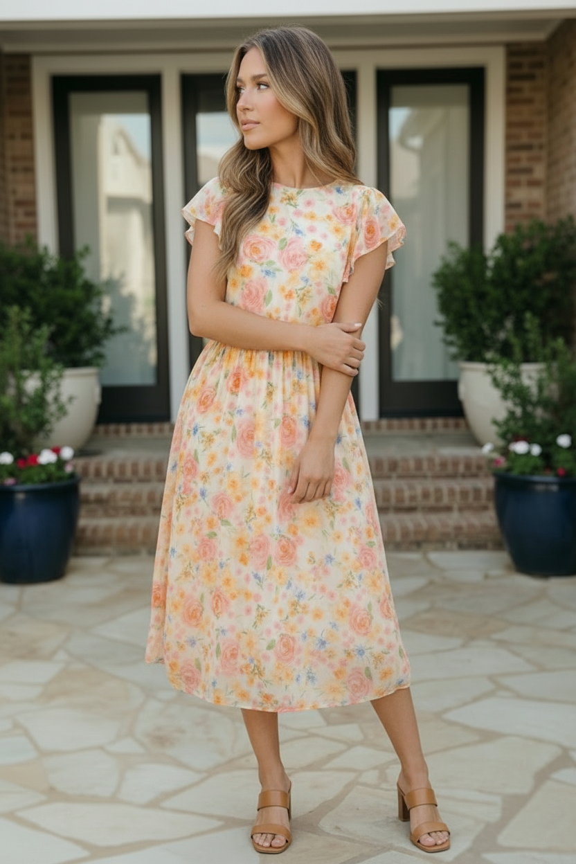 Haptics Watercolor Floral Flutter Sleeve Midi Dress
