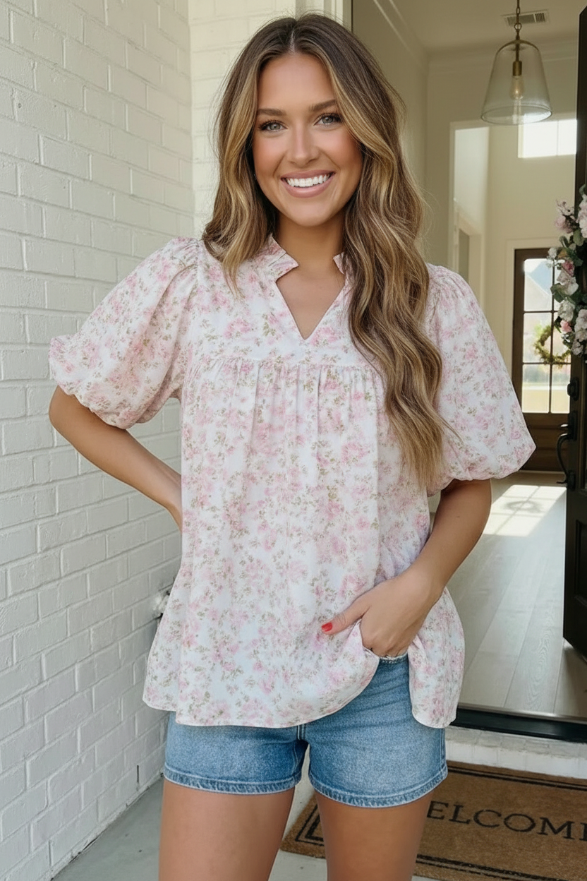Haptics State Fair Summer Ruffle Neck Babydoll Blouse